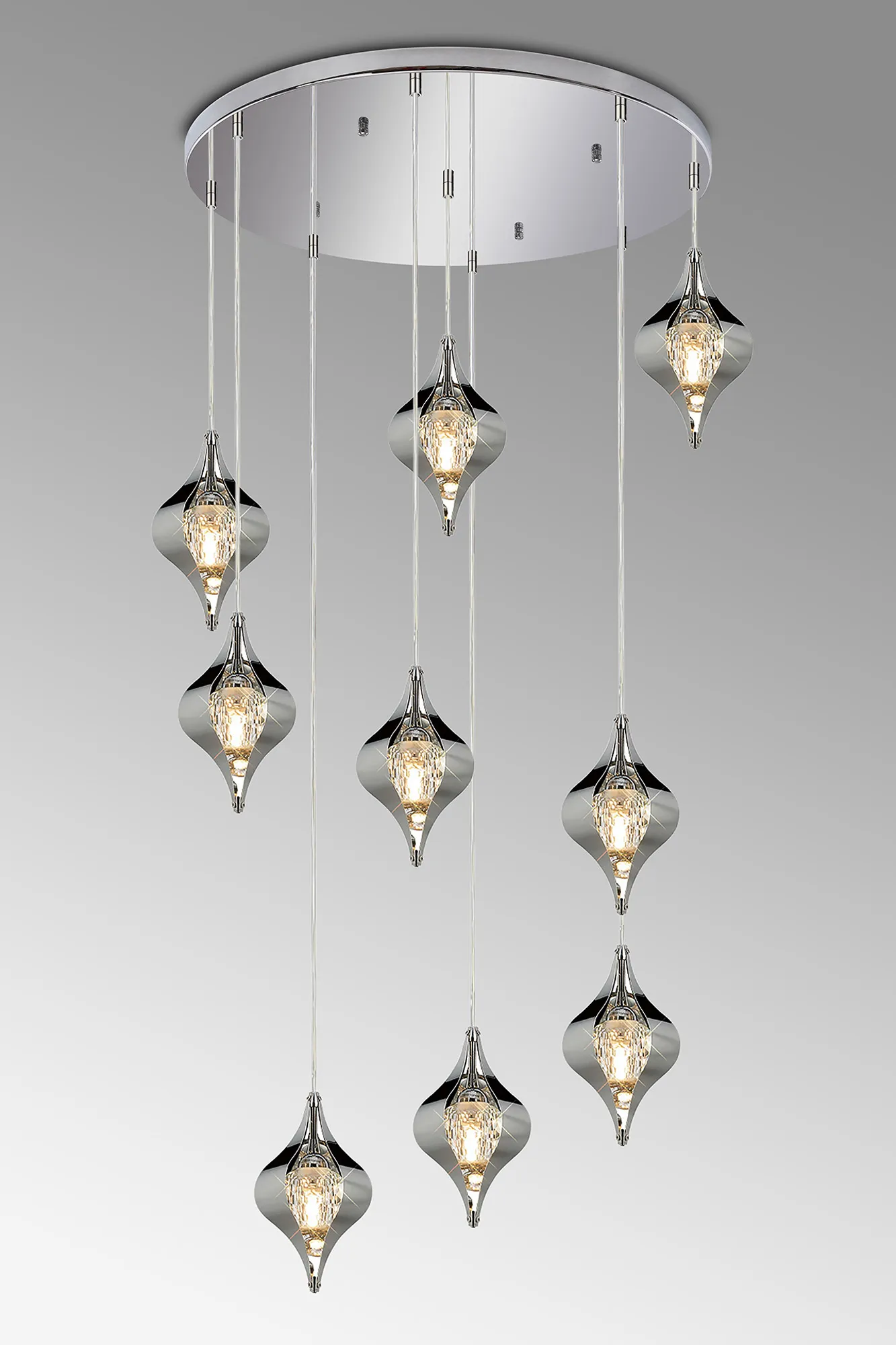 IL31855CH  Amano 66cm Round Pendant, 9 Light Adjustable G9, Polished Chrome/Crystal